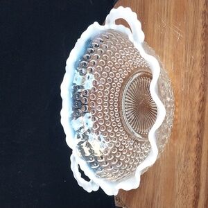Vtg Anchor Hocking Moonstone Clear Opalescent Hobnail Handled Dish Ruffled Edge